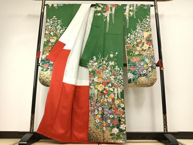 平和屋着物●豪華振袖　駒刺繍　舞蝶花鳥文　暈し染め　金彩　正絹　逸品　AABG4339fy