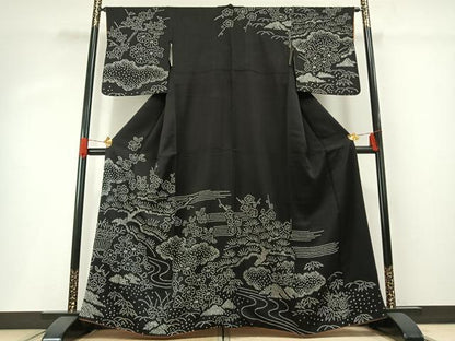 平和屋着物●訪問着　総絞り　流水花文　黒地　正絹　逸品　未使用　AABG4349fy