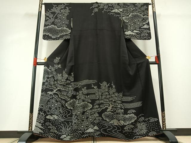 平和屋着物●訪問着　総絞り　流水花文　黒地　正絹　逸品　未使用　AABG4349fy