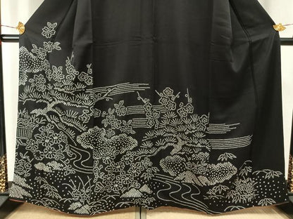 平和屋着物●訪問着　総絞り　流水花文　黒地　正絹　逸品　未使用　AABG4349fy