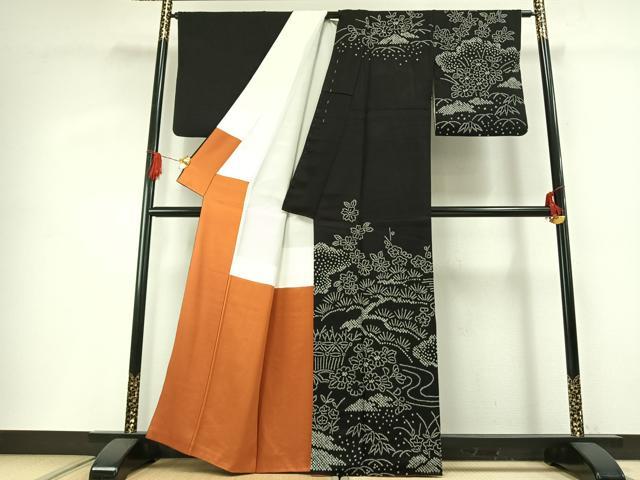 平和屋着物●訪問着　総絞り　流水花文　黒地　正絹　逸品　未使用　AABG4349fy