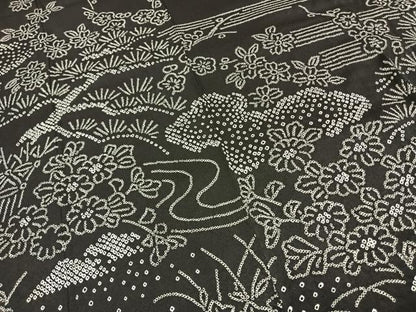 平和屋着物●訪問着　総絞り　流水花文　黒地　正絹　逸品　未使用　AABG4349fy
