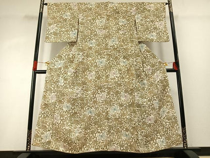 平和屋着物●上質な小紋　型染め　花蝶文　暈し染め　鬼しぼ縮緬　正絹　逸品　AABG4352fy