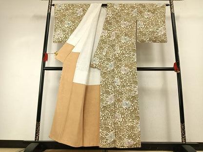 平和屋着物●上質な小紋　型染め　花蝶文　暈し染め　鬼しぼ縮緬　正絹　逸品　AABG4352fy
