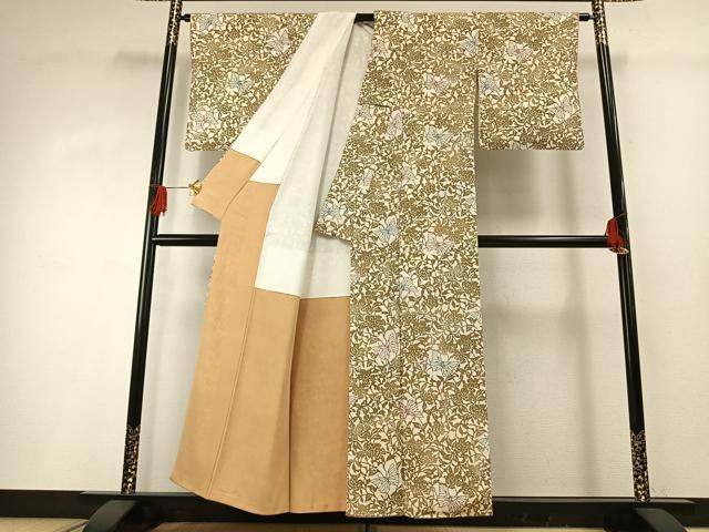 平和屋着物●上質な小紋　型染め　花蝶文　暈し染め　鬼しぼ縮緬　正絹　逸品　AABG4352fy
