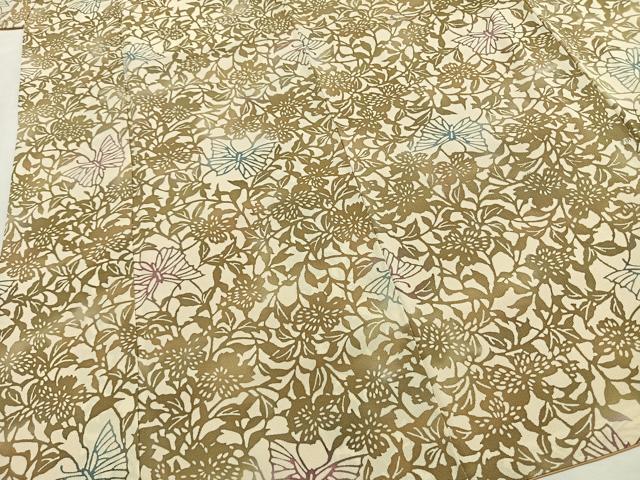平和屋着物●上質な小紋　型染め　花蝶文　暈し染め　鬼しぼ縮緬　正絹　逸品　AABG4352fy