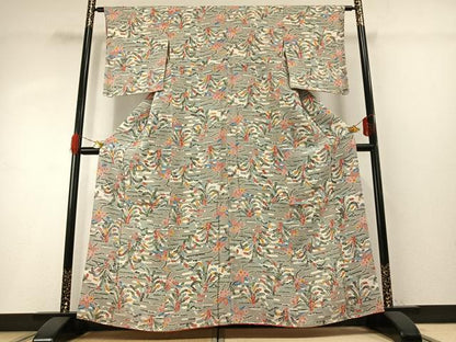 平和屋着物●上質な小紋　紅型　草葉文　鬼しぼ縮緬　正絹　逸品　AABG4357fy