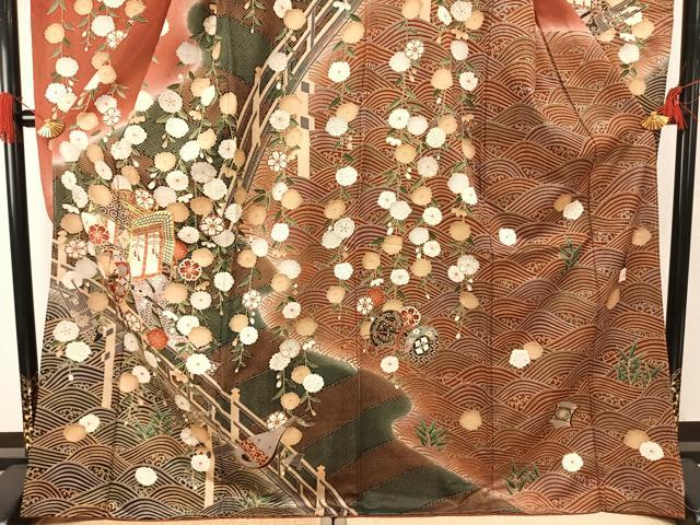 平和屋着物●英王室献上友禅作家　木下勝功　振袖　駒刺繍　御所車花文　暈し染め　金糸　金彩　正絹　逸品　未使用　AABG4358fy