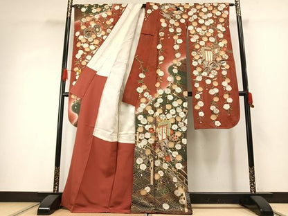 平和屋着物●英王室献上友禅作家　木下勝功　振袖　駒刺繍　御所車花文　暈し染め　金糸　金彩　正絹　逸品　未使用　AABG4358fy