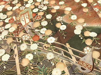平和屋着物●英王室献上友禅作家　木下勝功　振袖　駒刺繍　御所車花文　暈し染め　金糸　金彩　正絹　逸品　未使用　AABG4358fy