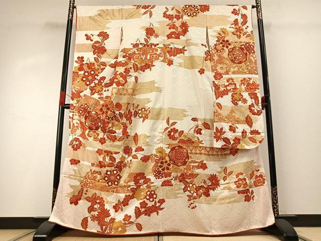 平和屋着物●豪華振袖　駒刺繍　草花文　金彩　正絹　逸品　AABG4362fy