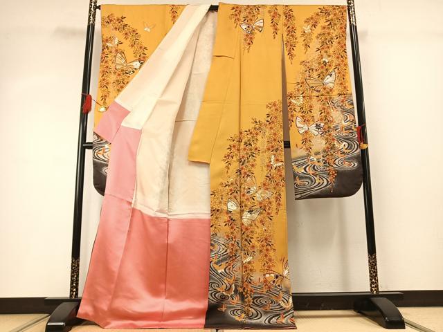 平和屋着物●豪華振袖　花蝶文　暈し染め　銀彩　金通し地　正絹　逸品　AABG4366fy