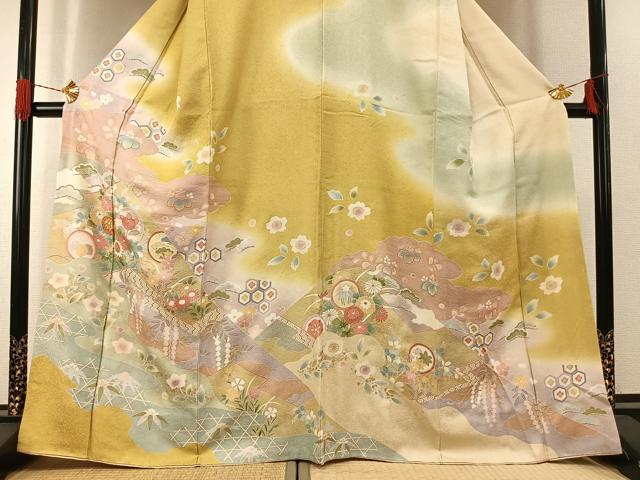 平和屋着物●訪問着　駒刺繍　道長花文　暈し染め　金彩　正絹　逸品　AABG4367fy