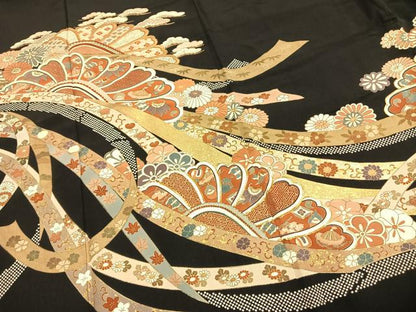 平和屋着物●豪華黒留袖　友禅　駒刺繍　熨斗花文　金彩　正絹　逸品　AABG4368fy