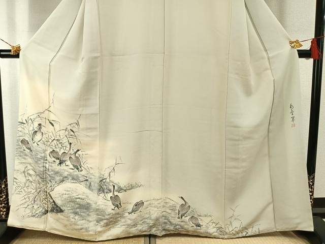 平和屋着物●訪問着　作家物　手描き　水鳥　正絹　逸品　AABG4379fy