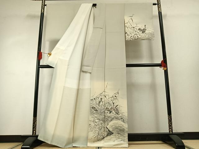 平和屋着物●訪問着　作家物　手描き　水鳥　正絹　逸品　AABG4379fy