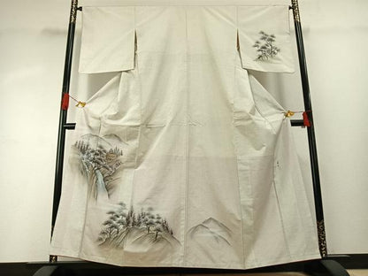 平和屋着物●訪問着　本場大島紬　白大島　作家物　手描き　風景文　金彩　正絹　逸品　AABG4382fy
