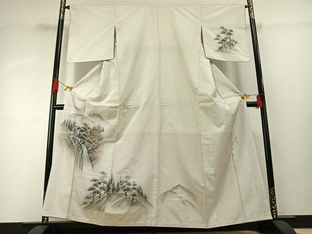 平和屋着物●訪問着　本場大島紬　白大島　作家物　手描き　風景文　金彩　正絹　逸品　AABG4382fy