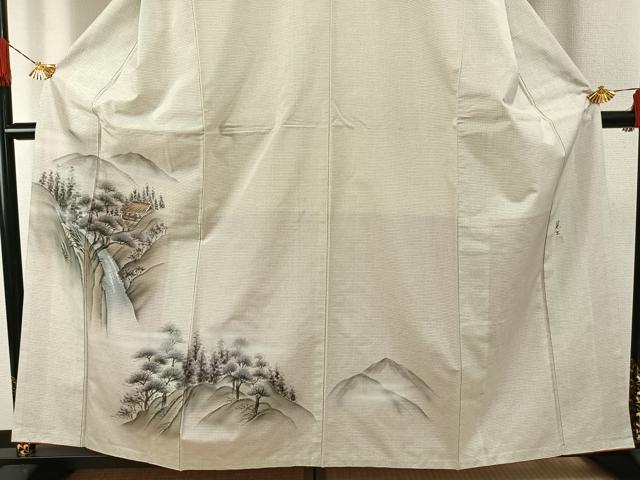 平和屋着物●訪問着　本場大島紬　白大島　作家物　手描き　風景文　金彩　正絹　逸品　AABG4382fy
