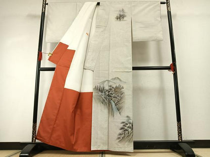 平和屋着物●訪問着　本場大島紬　白大島　作家物　手描き　風景文　金彩　正絹　逸品　AABG4382fy