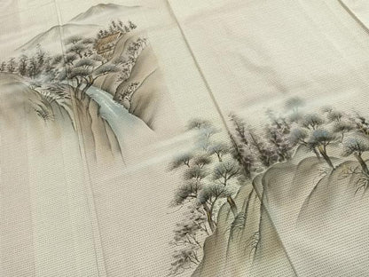 平和屋着物●訪問着　本場大島紬　白大島　作家物　手描き　風景文　金彩　正絹　逸品　AABG4382fy
