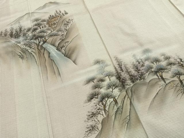 平和屋着物●訪問着　本場大島紬　白大島　作家物　手描き　風景文　金彩　正絹　逸品　AABG4382fy