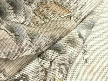 平和屋着物●訪問着　本場大島紬　白大島　作家物　手描き　風景文　金彩　正絹　逸品　AABG4382fy