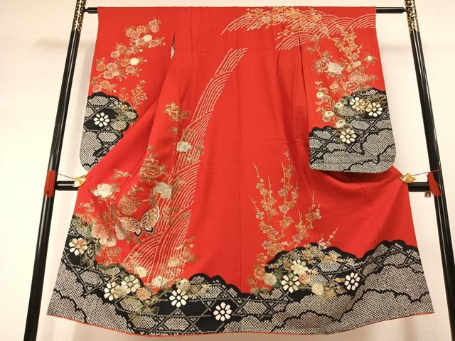 平和屋着物[]七五三 女の子 ７歳 小振袖 二尺袖 祝着 絞り 花蝶文 金銀彩 正絹 逸品 AABG4383fy