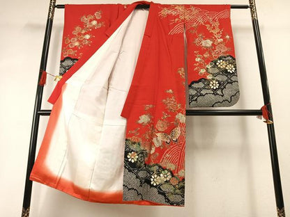 平和屋着物[]七五三 女の子 ７歳 小振袖 二尺袖 祝着 絞り 花蝶文 金銀彩 正絹 逸品 AABG4383fy