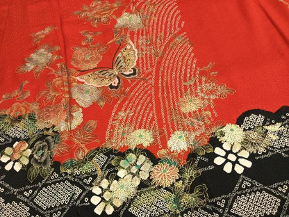 平和屋着物[]七五三 女の子 ７歳 小振袖 二尺袖 祝着 絞り 花蝶文 金銀彩 正絹 逸品 AABG4383fy