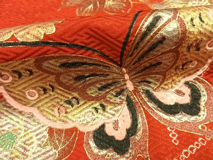 平和屋着物[]七五三 女の子 ７歳 小振袖 二尺袖 祝着 絞り 花蝶文 金銀彩 正絹 逸品 AABG4383fy