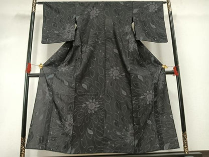 平和屋着物▽上質な小紋 単衣 吉祥花文 黒地 やまと誂製 正絹 逸品 AABG4385fy