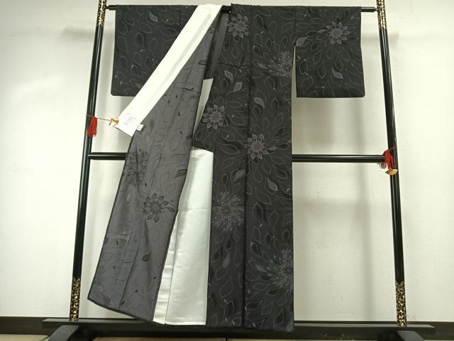 平和屋着物▽上質な小紋 単衣 吉祥花文 黒地 やまと誂製 正絹 逸品 AABG4385fy