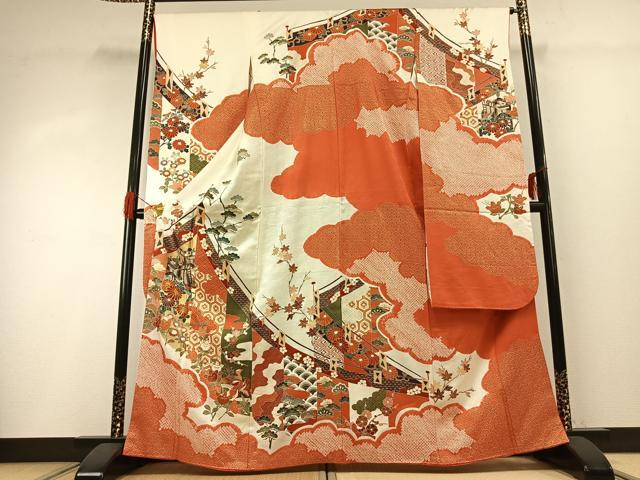 平和屋着物●豪華振袖　駒刺繍　絞り　御所車花鳥文　金彩　正絹　逸品　AABG4387fy