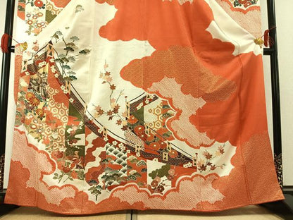 平和屋着物●豪華振袖　駒刺繍　絞り　御所車花鳥文　金彩　正絹　逸品　AABG4387fy