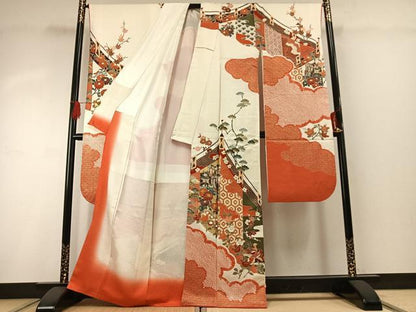 平和屋着物●豪華振袖　駒刺繍　絞り　御所車花鳥文　金彩　正絹　逸品　AABG4387fy