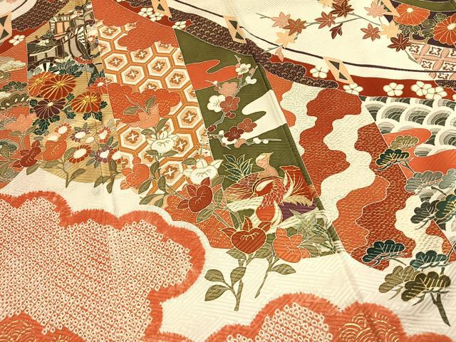 平和屋着物●豪華振袖　駒刺繍　絞り　御所車花鳥文　金彩　正絹　逸品　AABG4387fy