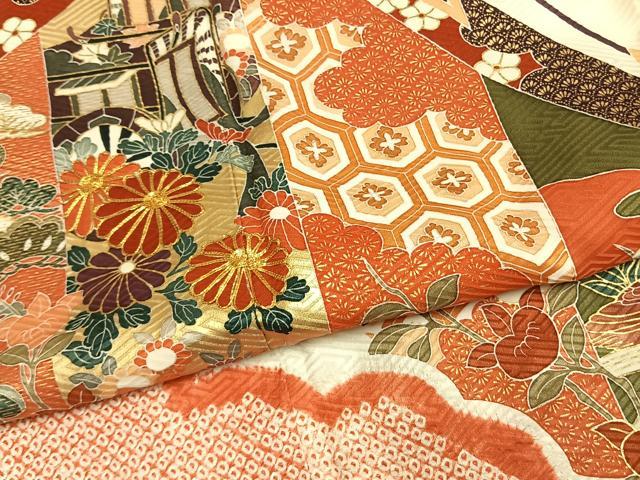 平和屋着物●豪華振袖　駒刺繍　絞り　御所車花鳥文　金彩　正絹　逸品　AABG4387fy