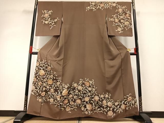 平和屋着物●訪問着　駒刺繍　花唐草文　暈し染め　金彩　正絹　逸品　AABG4392fy