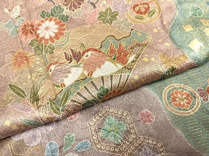平和屋着物●訪問着　絞り　道長扇面花鳥文　金彩　正絹　逸品　AABG4393fy
