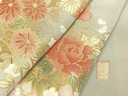 平和屋着物●十日町老舗ブランド　吉澤友禅　吾妻徳穂　訪問着　刺繍　草花文　金彩　正絹　逸品　AABG4405fy