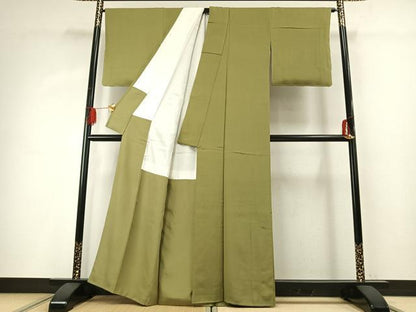 平和屋着物●お召　青朽葉色　正絹　逸品　未使用　AABG4407fy
