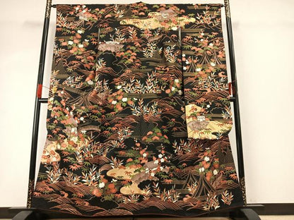 平和屋着物●豪華振袖　駒刺繍　風景花文　黒地　金彩　正絹　逸品　AABG4414fy