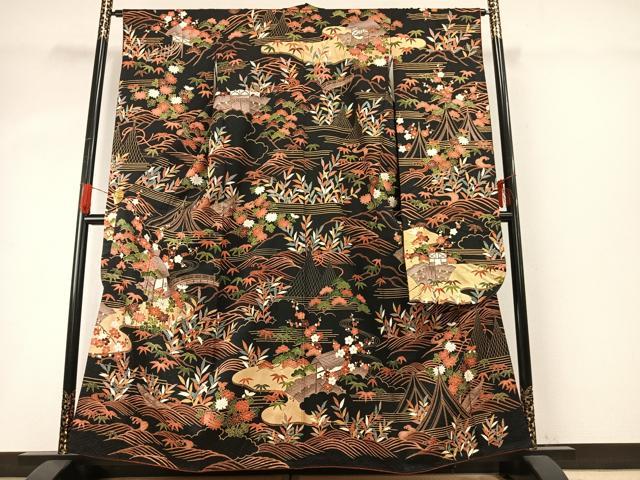 平和屋着物●豪華振袖　駒刺繍　風景花文　黒地　金彩　正絹　逸品　AABG4414fy