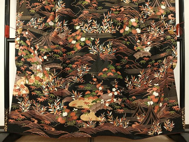 平和屋着物●豪華振袖　駒刺繍　風景花文　黒地　金彩　正絹　逸品　AABG4414fy