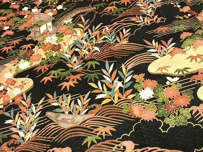 平和屋着物●豪華振袖　駒刺繍　風景花文　黒地　金彩　正絹　逸品　AABG4414fy