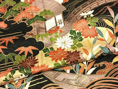 平和屋着物●豪華振袖　駒刺繍　風景花文　黒地　金彩　正絹　逸品　AABG4414fy