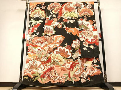 平和屋本店●アンティーク　大正ロマン　振袖　駒刺繍　御所車花文　黒地　金糸　金彩　正絹　逸品　AABG4419fy