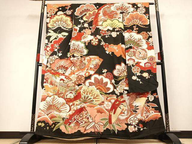 平和屋本店●アンティーク　大正ロマン　振袖　駒刺繍　御所車花文　黒地　金糸　金彩　正絹　逸品　AABG4419fy