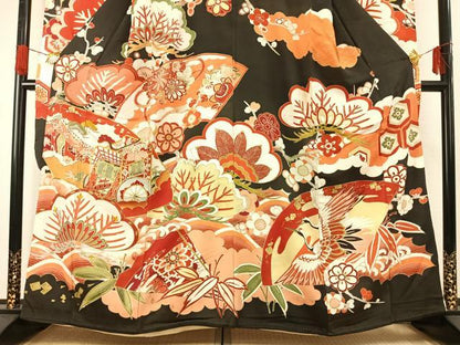 平和屋本店●アンティーク　大正ロマン　振袖　駒刺繍　御所車花文　黒地　金糸　金彩　正絹　逸品　AABG4419fy
